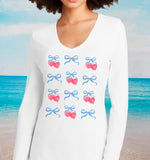 Cherries and Bows V-neck Long Sleeve Fashion T-shirt