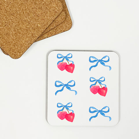 Cherries and Bows Drink Coasters, Set of 4